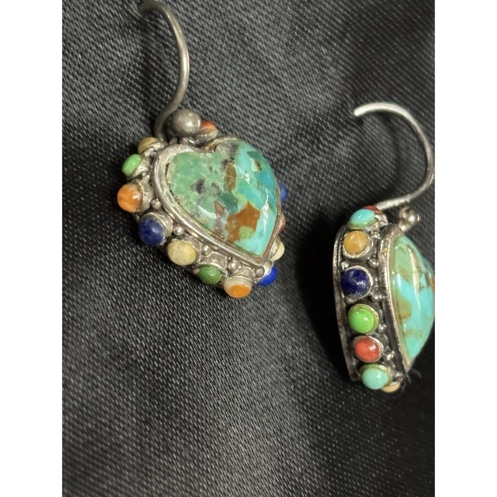 Barse 925 Sterling Turquoise Heart Dangle Earrings With Multi Gemstone Accent 1" - Picture 5 of 10